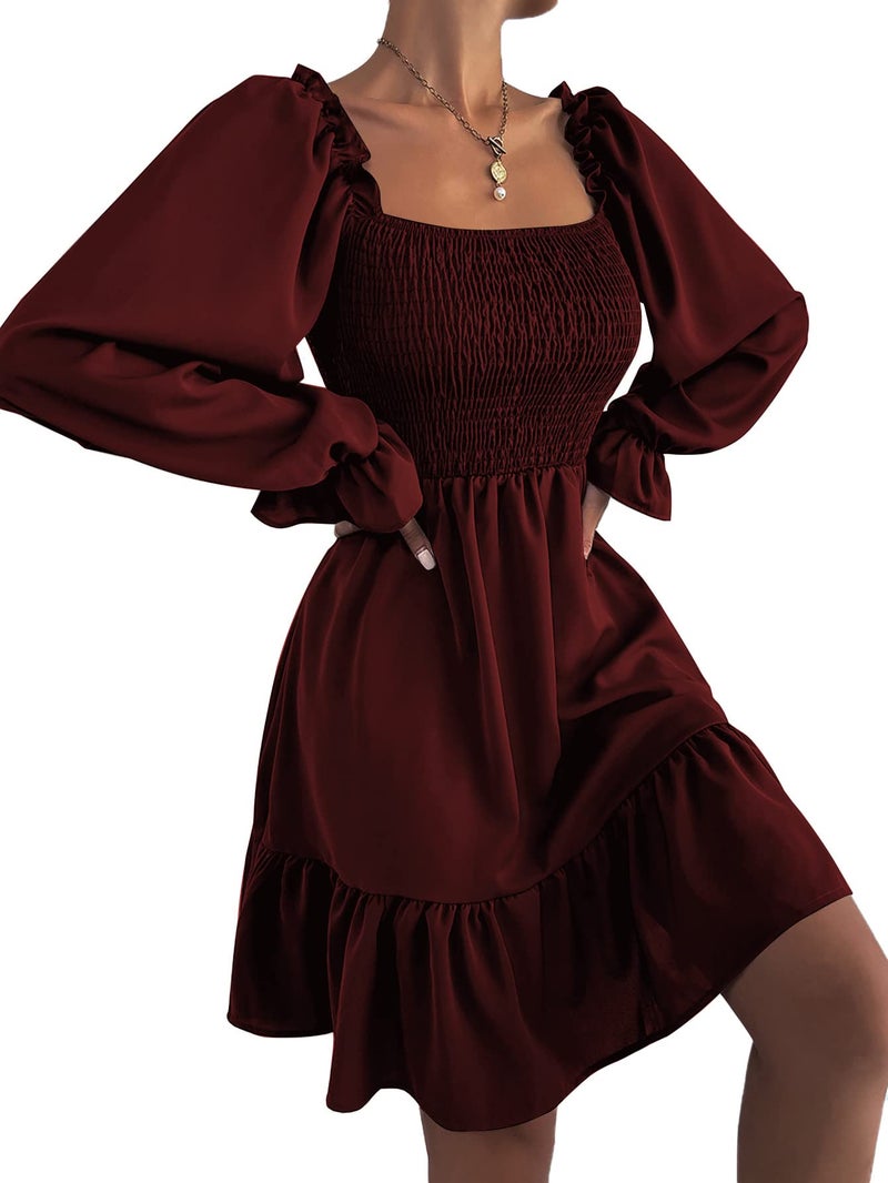 LYANER Women's Square Neck Lantern Long Sleeve Ruffle Shirred Flowy Party Mini Dress Solid Wine Red Medium - Image 3
