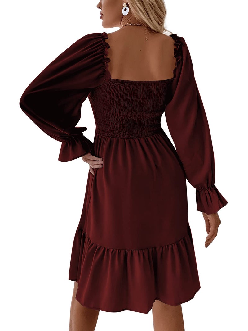 LYANER Women's Square Neck Lantern Long Sleeve Ruffle Shirred Flowy Party Mini Dress Solid Wine Red Medium - Image 2
