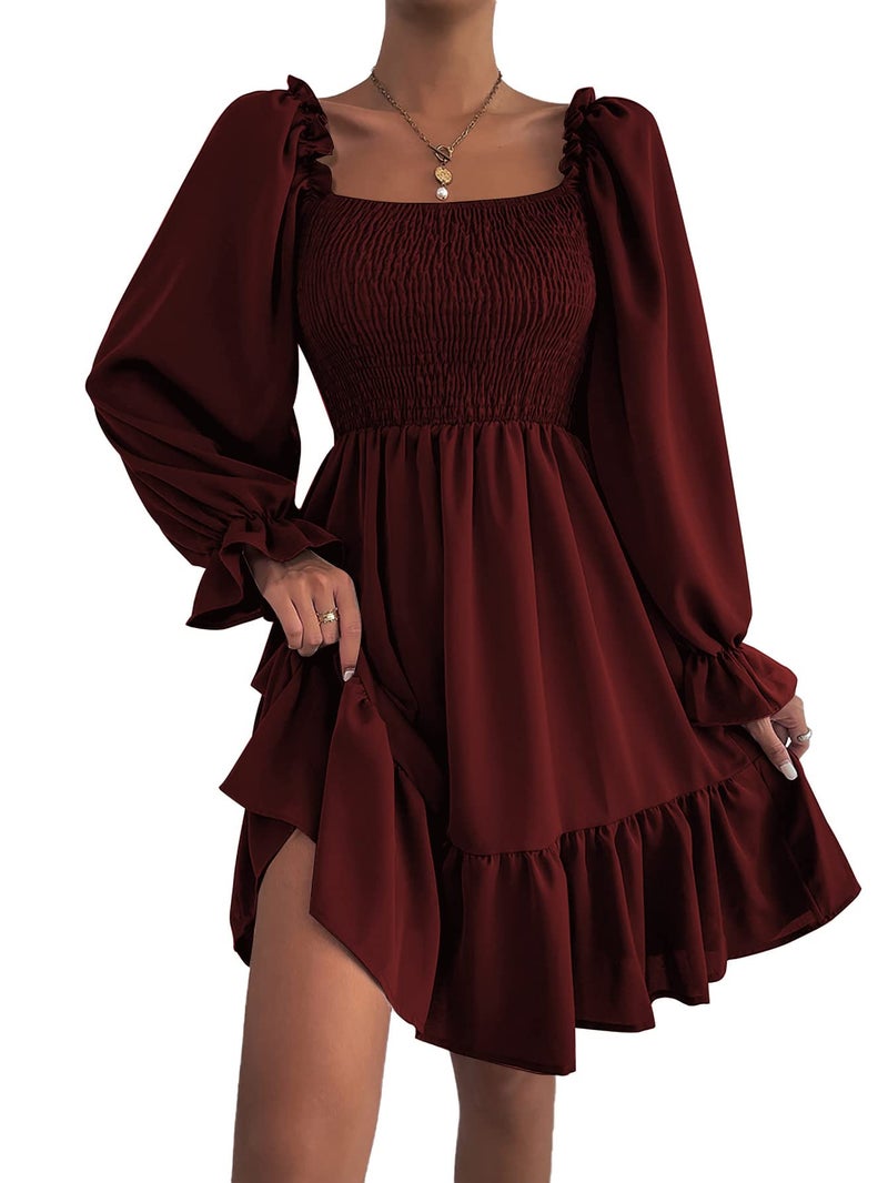 LYANER Women's Square Neck Lantern Long Sleeve Ruffle Shirred Flowy Party Mini Dress Solid Wine Red Medium - Image 4