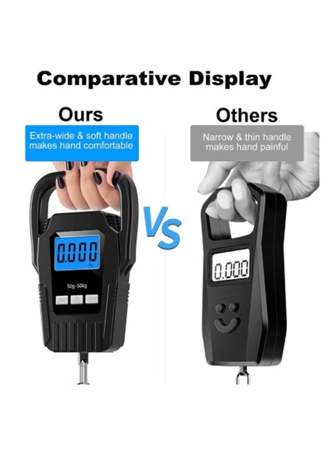 ميزان رقمي لوزن الأسماك والأمتعة - سعة 50 كجم / 110 رطل مع شاشة LCD بإضاءة خلفية ومقبض مريح | ميزان محمول للسفر، الطرود البريدية، ورحلات الصيد باللون الأسود - Image 3