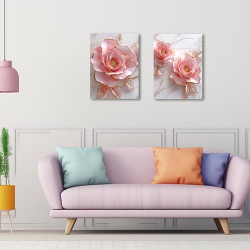 PBXBJY Pink Rose Flower Wall Art Modern Wall Decor Abstract Gold and Pink Canvas Painting Floral Marble Prints for Bedroom Bathroom Decor ((12.00" x 16.00" x 2PCS)) - Image 4
