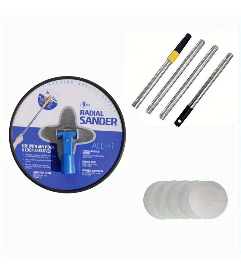 9 Inch Round Disc Aluminum Alloy Drywall Sandpaper Holder With 5pcs Sandpaper And Four Section Connecting Rod For Wall Ceiling Polishing - Image 2