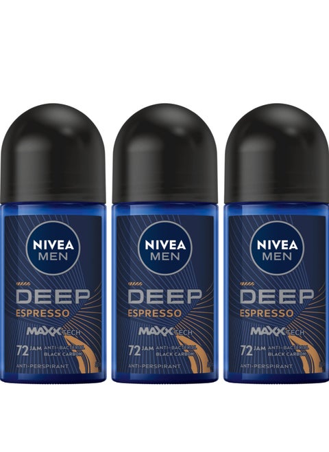 Pack Of 3 NIVEA Men Deodorant Men Roll On Deep Black Carbon With Espresso Scent 50ml