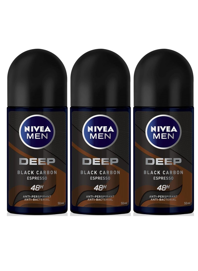 Nivea Pack Of 3 Deodorant Men Roll On Deep Black Carbon With Espresso Scent 50ml  - Image 1