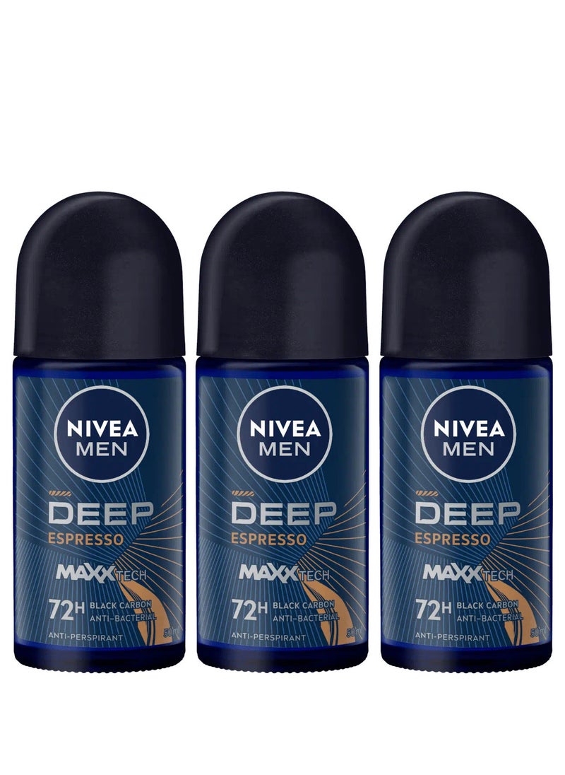 Nivea Pack Of 3 Deodorant Men Roll On Deep Black Carbon With Espresso Scent 50ml  - Image 2