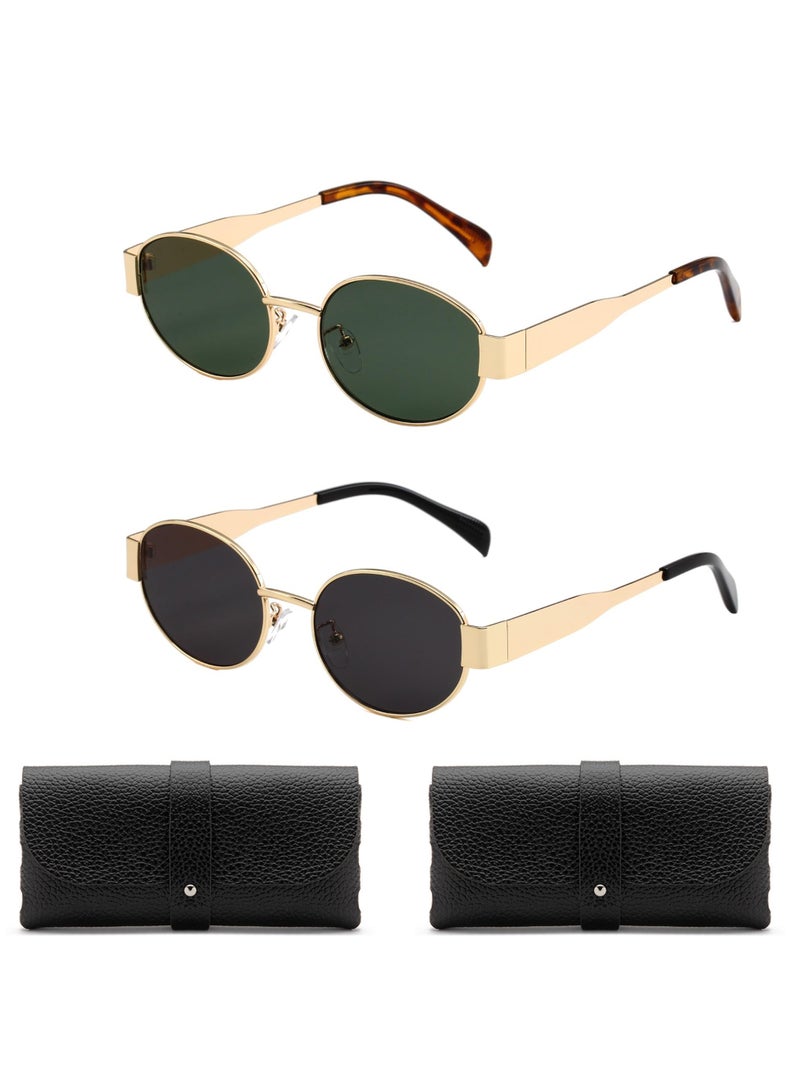 Excefore نظارات شمسية بيضاوية للنساء، قطعتان من النظارات الشمسية العصرية المستقطبة مع حافظة جلدية، إطار معدني ذهبي، نظارات شمسية كلاسيكية بتصميم عتيق على طراز التسعينيات، حماية من الأشعة فوق البنفسجية 400 - Image 1