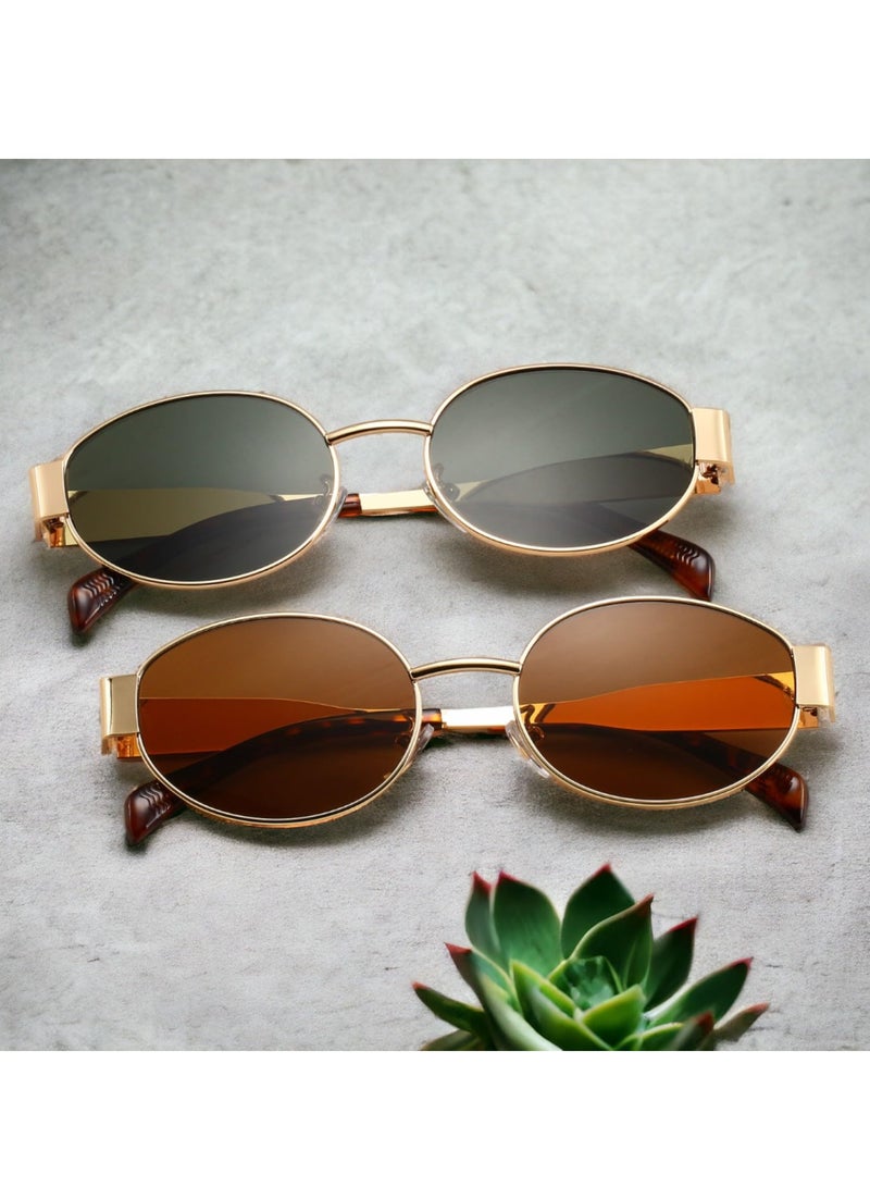 Excefore نظارات شمسية بيضاوية للنساء، قطعتان من النظارات الشمسية العصرية المستقطبة مع حافظة جلدية، إطار معدني ذهبي، نظارات شمسية كلاسيكية بتصميم عتيق على طراز التسعينيات، حماية من الأشعة فوق البنفسجية 400 - Image 2