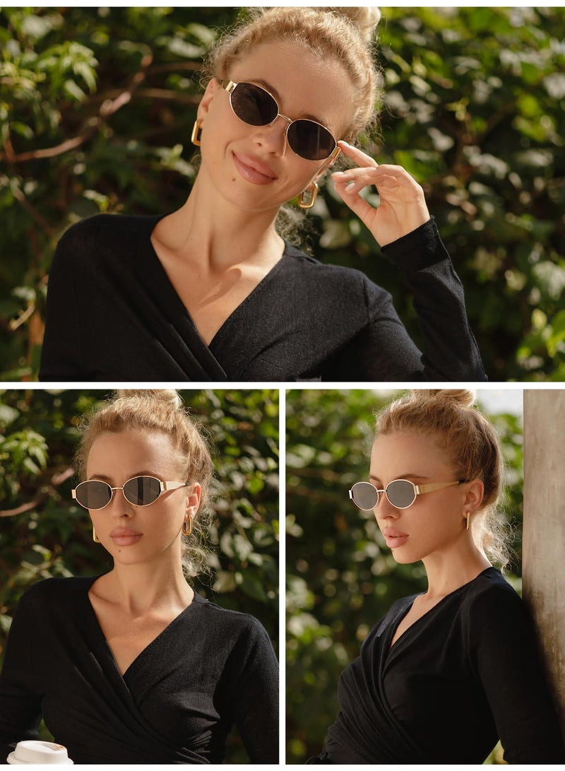 Excefore نظارات شمسية بيضاوية للنساء، قطعتان من النظارات الشمسية العصرية المستقطبة مع حافظة جلدية، إطار معدني ذهبي، نظارات شمسية كلاسيكية بتصميم عتيق على طراز التسعينيات، حماية من الأشعة فوق البنفسجية 400 - Image 3