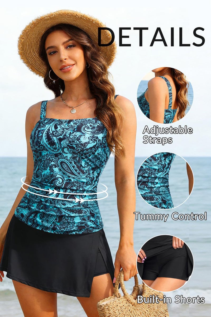 Talisea Womens Two Piece Tankini Bathing Suits with Skirt Tummy Control Swimsuits Ladies Swimwear Blue Paisley XL - Image 5