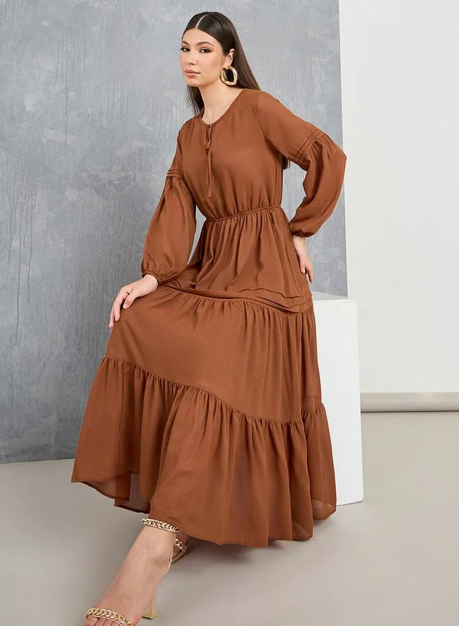 Take Two Lace Insert Tie-Up Neck A-Line Maxi Dress