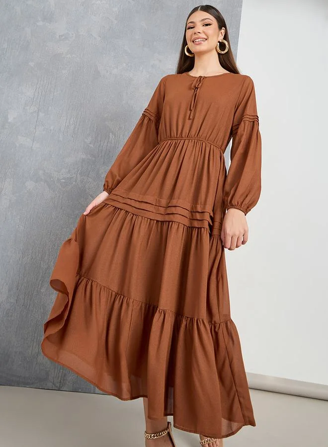 Take Two Lace Insert Tie-Up Neck A-Line Maxi Dress