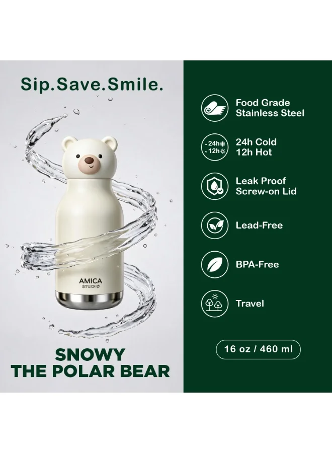 Amica Snowy the Polar Bear Kids Water Bottle 460ml Insulated Stainless Steel Snowy the Polar Bear - AMICA STUDIO  | Best Price UAE