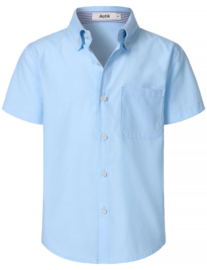 AOTIK Boys Oxford Button Down Shirt Short Sleeve Formal Uniform Dress Shirts with Pocket 12 Light Blue - Image 1