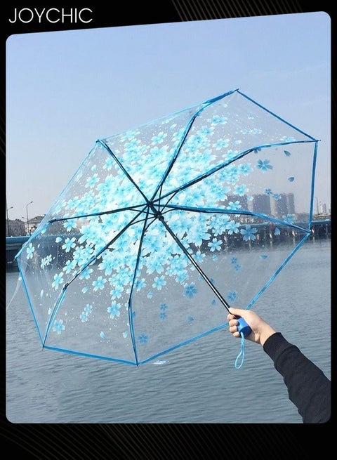 Cherry Blossom Print Clear Transparent Foldable 3-Fold Portable 8-Bone Rain Umbrella Blue