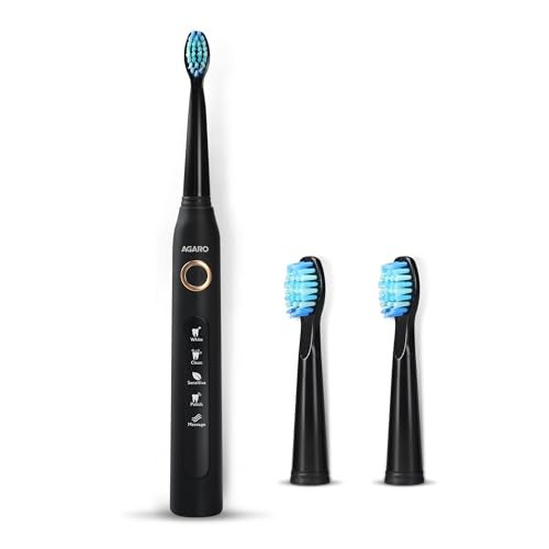 AGARO COSMIC Sonic Electric Toothbrush for Adults with 5 Modes, 3 Brush Heads & Rechargeable with 4 Hours Charge Lasting up to 25 Days, Power Toothbrush, (Black) - Image 1