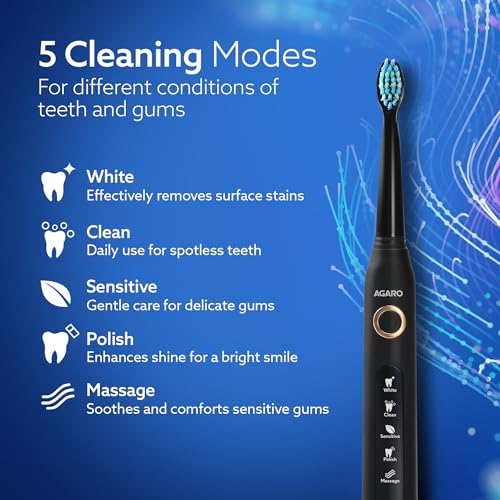 AGARO COSMIC Sonic Electric Toothbrush for Adults with 5 Modes, 3 Brush Heads & Rechargeable with 4 Hours Charge Lasting up to 25 Days, Power Toothbrush, (Black) - Image 3