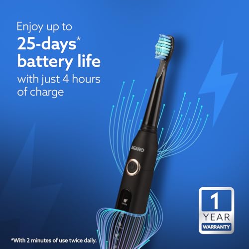AGARO COSMIC Sonic Electric Toothbrush for Adults with 5 Modes, 3 Brush Heads & Rechargeable with 4 Hours Charge Lasting up to 25 Days, Power Toothbrush, (Black) - Image 4