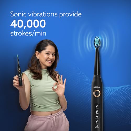 AGARO COSMIC Sonic Electric Toothbrush for Adults with 5 Modes, 3 Brush Heads & Rechargeable with 4 Hours Charge Lasting up to 25 Days, Power Toothbrush, (Black) - Image 2