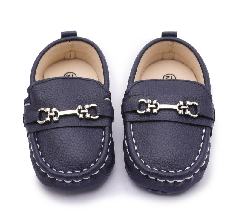 LONSOEN Infant Shoes Boys Loafers Baby Girls Crib Moccasins Classic Synthetic Leather Wedding Dress Shoes,BAY209 Deep Blue 6-12 Months - Image 3