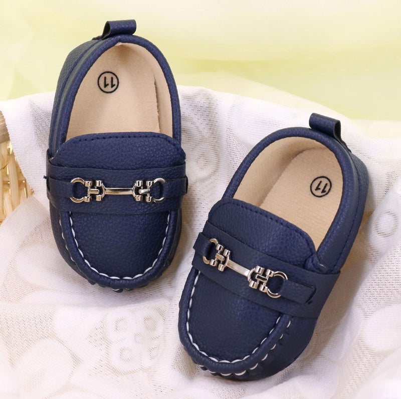 LONSOEN Infant Shoes Boys Loafers Baby Girls Crib Moccasins Classic Synthetic Leather Wedding Dress Shoes,BAY209 Deep Blue 6-12 Months - Image 2