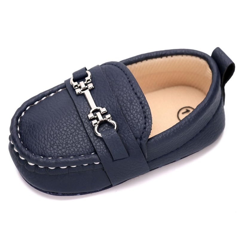 LONSOEN Infant Shoes Boys Loafers Baby Girls Crib Moccasins Classic Synthetic Leather Wedding Dress Shoes,BAY209 Deep Blue 6-12 Months - Image 1
