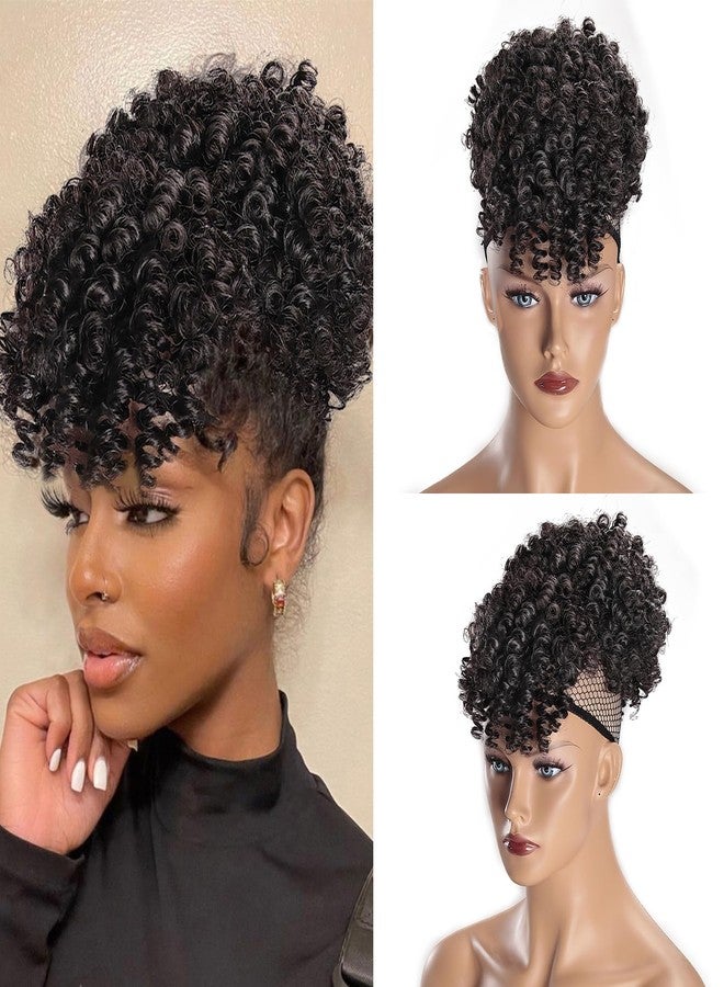 SuyiIRL Afro Puff Drawstring Ponytail with Bangs Drawstring Ponytail for Black Women Kinky Curly Hair Clip in Bangs Short Ponytail Extensions Updo Hairpieces Natural Hair Ponytail - Image 1