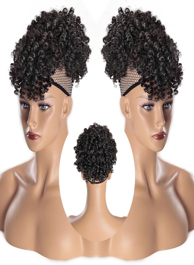 SuyiIRL Afro Puff Drawstring Ponytail with Bangs Drawstring Ponytail for Black Women Kinky Curly Hair Clip in Bangs Short Ponytail Extensions Updo Hairpieces Natural Hair Ponytail - Image 2