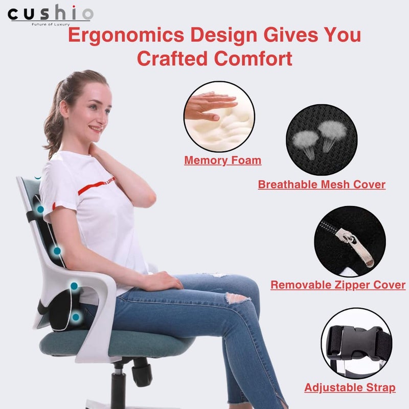 CUSHIO Lumbar Back Support Pillow for Car Seat, Office and Home Chair - Memory Foam Backrest Pillow for Lower Back Pain Relieve - Dual Adjustable Strap - Image 4