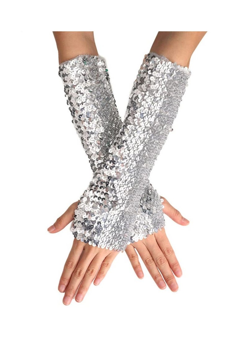 SOLARAE Long Golves, Fashion Sequin Arm Sleeves, Party Fingerless Gloves, Fashion Elastic Gloves, Dress up Gloves, Costume Accessories for Women and Girls - Image 1