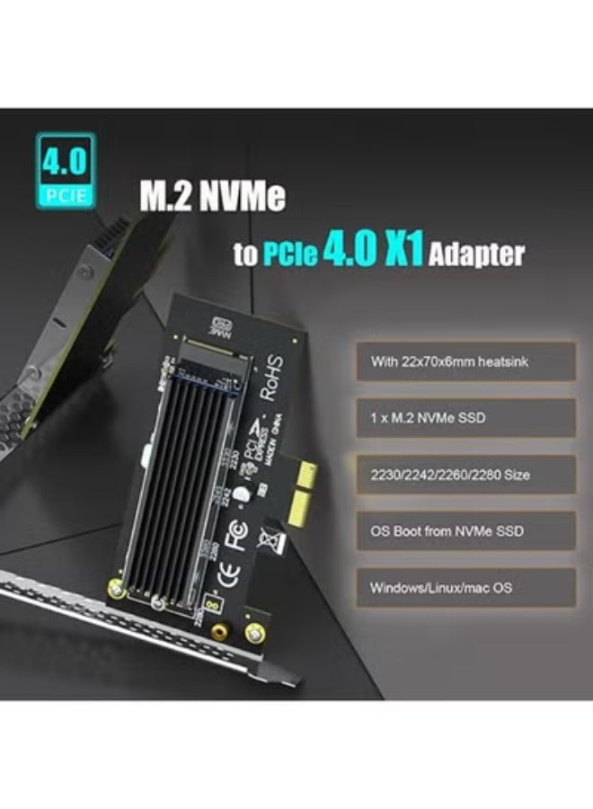 M.2 PCIe x1 Adapter Card with Heat Sink for NVMe and AHCI M.2 SSD, Supports PCIe 4.0/3.0 Key M Drives, Compatible with PCIe x1/x4/x8/x16 Slots - Image 2