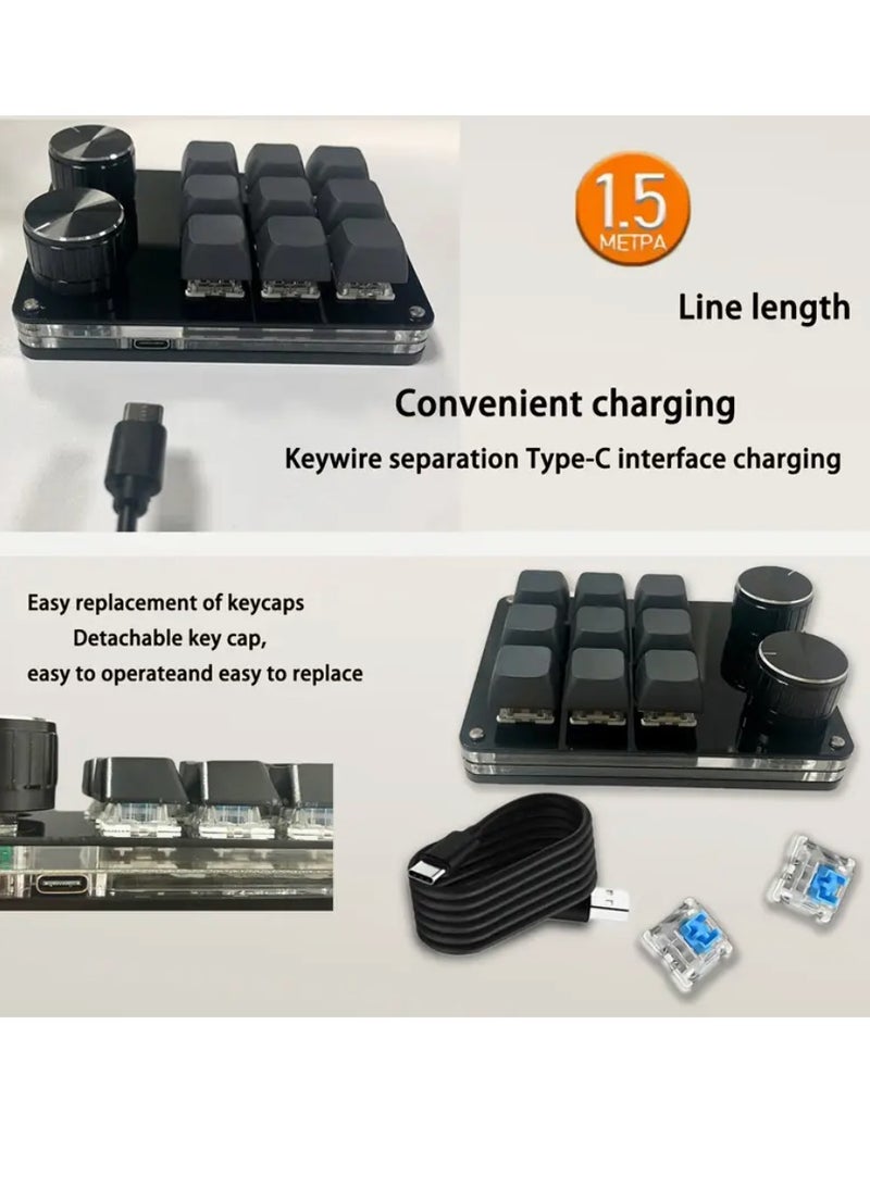 لوحة مفاتيح قابلة للبرمجة بيد واحدة تحتوي على 9 مفاتيح و2 مقابض، لوحة مفاتيح ميكانيكية سلكية بتوصيل Type-C، بتصميم DIY وواجهة إنجليزية وإضاءة خلفية RGB، متوافقة مع أنظمة Windows وMac. - Image 5