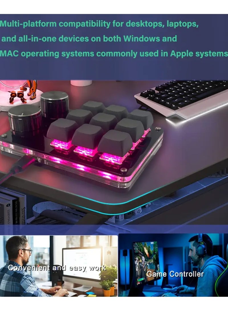 لوحة مفاتيح قابلة للبرمجة بيد واحدة تحتوي على 9 مفاتيح و2 مقابض، لوحة مفاتيح ميكانيكية سلكية بتوصيل Type-C، بتصميم DIY وواجهة إنجليزية وإضاءة خلفية RGB، متوافقة مع أنظمة Windows وMac. - Image 4