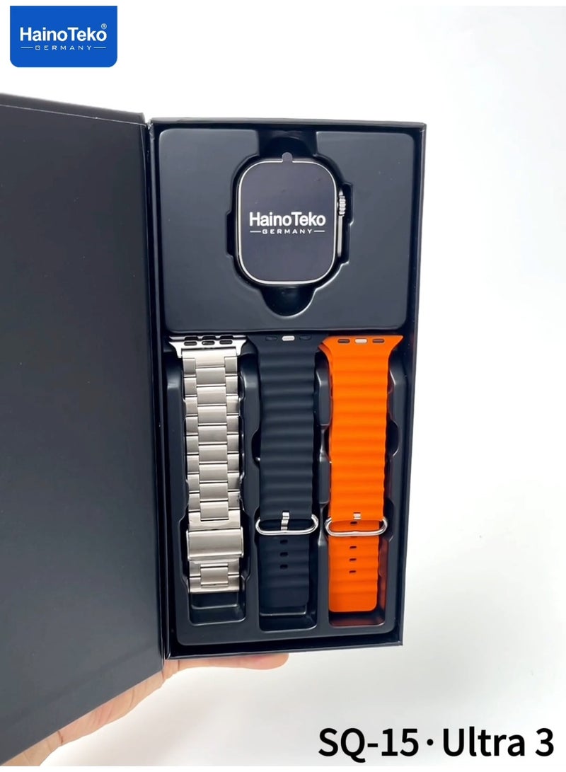 Haino Teko SQ-15 Ultra 3 Smart Watch with AMOLED Display Bluetooth Calling 3 Pair Straps and Charging Cable Designed for Ladies and Gents Silver - Image 3