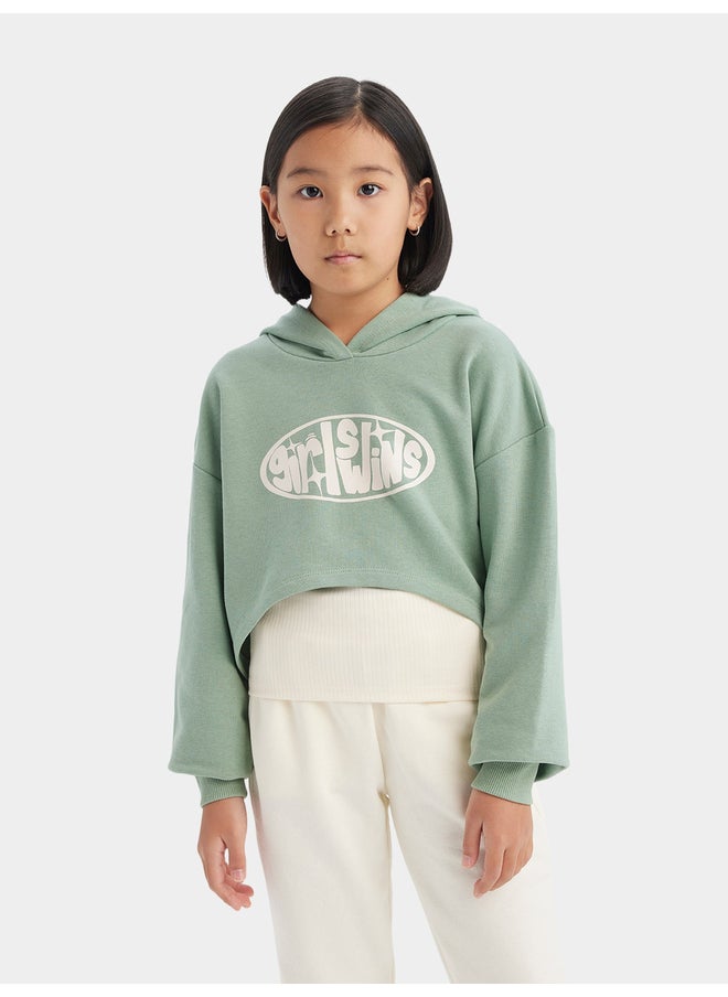 DeFacto DeFacto Girls' 2-Piece Set Crop Hooded Printed Sweatshirt & Tank Top  - Image 3