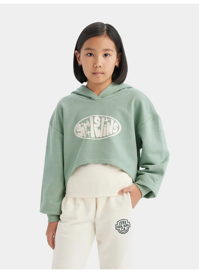 DeFacto DeFacto Girls' 2-Piece Set Crop Hooded Printed Sweatshirt & Tank Top
