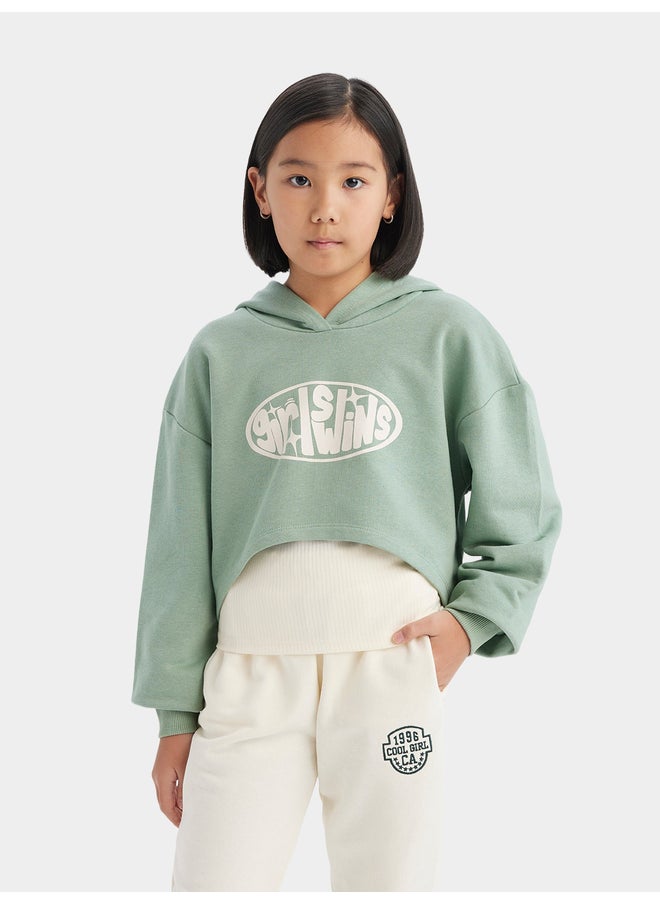 DeFacto DeFacto Girls' 2-Piece Set Crop Hooded Printed Sweatshirt & Tank Top  - Image 1