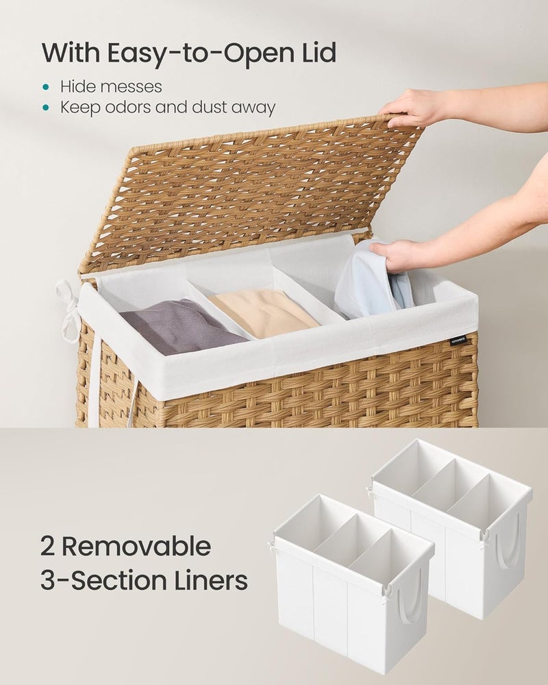 SONGMICS Laundry Hamper with Lid, 160 L Clothes Hamper with 2 Removable Liner Bags, 6 Mesh Bags, Wicker Laundry Basket, Double Laundry Hamper for Bathroom, 26 x 15.7 x 24 Inches, Natural - Image 3