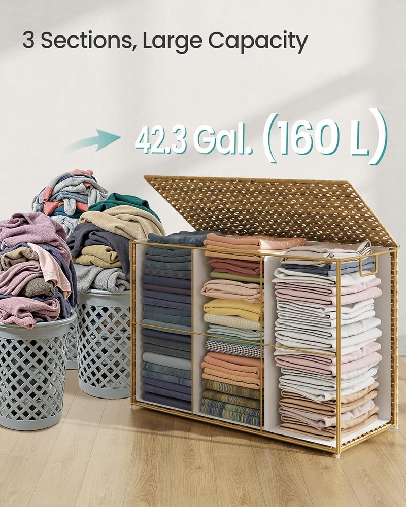 SONGMICS Laundry Hamper with Lid, 160 L Clothes Hamper with 2 Removable Liner Bags, 6 Mesh Bags, Wicker Laundry Basket, Double Laundry Hamper for Bathroom, 26 x 15.7 x 24 Inches, Natural - Image 4