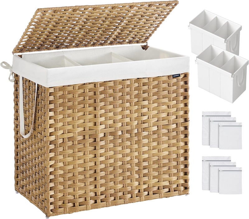 SONGMICS Laundry Hamper with Lid, 160 L Clothes Hamper with 2 Removable Liner Bags, 6 Mesh Bags, Wicker Laundry Basket, Double Laundry Hamper for Bathroom, 26 x 15.7 x 24 Inches, Natural - Image 1