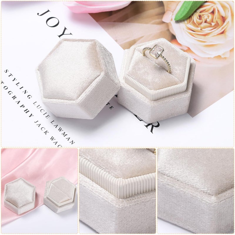 Etercycle صندوق خواتم إيتيرسايكل المخملي - صندوق عرض مجوهرات فاخر بتصميم سداسي قديم مع غطاء قابل للفصل لحفل الزفاف أو الاقتراح أو الخطوبة (بيج، 1 فتحة) - Image 3