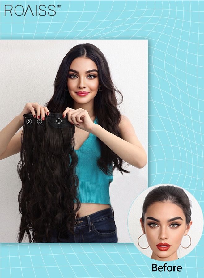 رويس 3 قطع من وصلات الشعر بالمشابك، وصلات شعر صناعية طويلة مموجة غير مرئية قابلة للتعديل ومقاومة للحرارة للفتيات والنساء، أسود طبيعي، 60 سم - Image 1