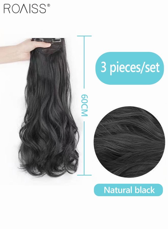 رويس 3 قطع من وصلات الشعر بالمشابك، وصلات شعر صناعية طويلة مموجة غير مرئية قابلة للتعديل ومقاومة للحرارة للفتيات والنساء، أسود طبيعي، 60 سم - Image 3