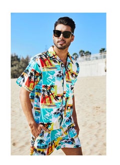 Loquat Men's Casual Beach Suit Seaside Holiday Wind Sports Loose Short Sleeve Shirt Beach Shorts Printed Short Sleeve Shirt Suit  - Image 1