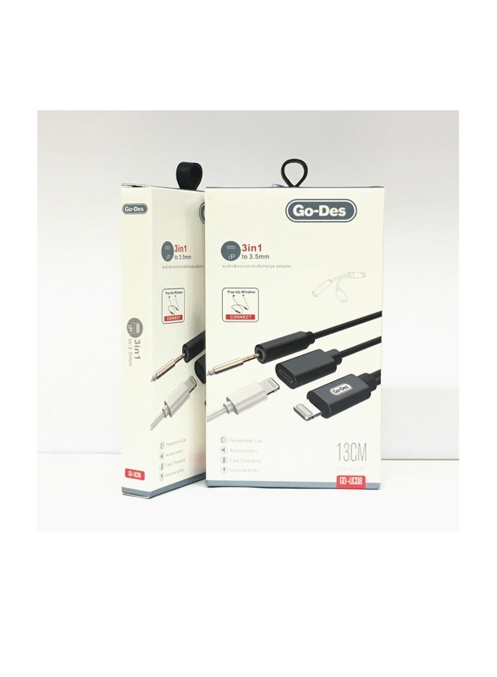 Go-Des UC08 3-in-1 Adapter – 3.5mm Audio Connector and Charging Adapter in One, Compatible with Smartphones and Tablets, Sleek Black Design, Supports Simultaneous Audio and Charging, Portable and Durable - Image 1