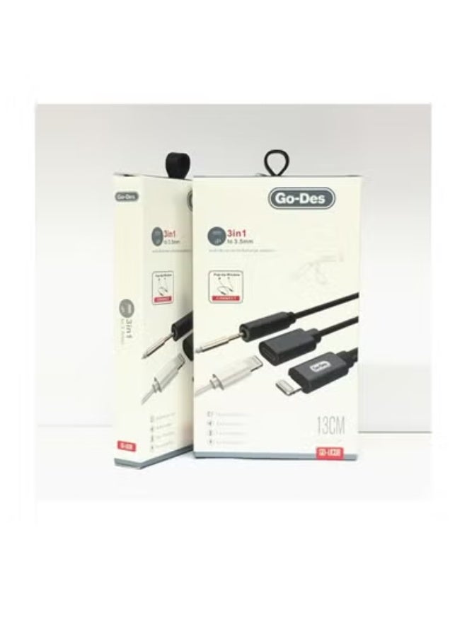 Go-Des UC08 3-in-1 Adapter – 3.5mm Audio Connector and Charging Adapter in One, Compatible with Smartphones and Tablets, Sleek Black Design, Supports Simultaneous Audio and Charging, Portable and Durable - Image 3