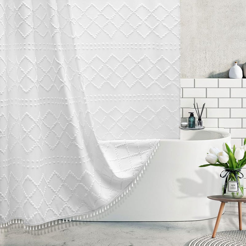 Siiluminisoy Extra Long White Textured Woven Fabric Boho Shower Curtain with Tassels 72 x 80 Modern Farmhouse Minimalist  Tufted Chevron Striped Shabby Chic  Water Resistant Cloth Curtain for Bathroom  Hotel Decor - Image 1