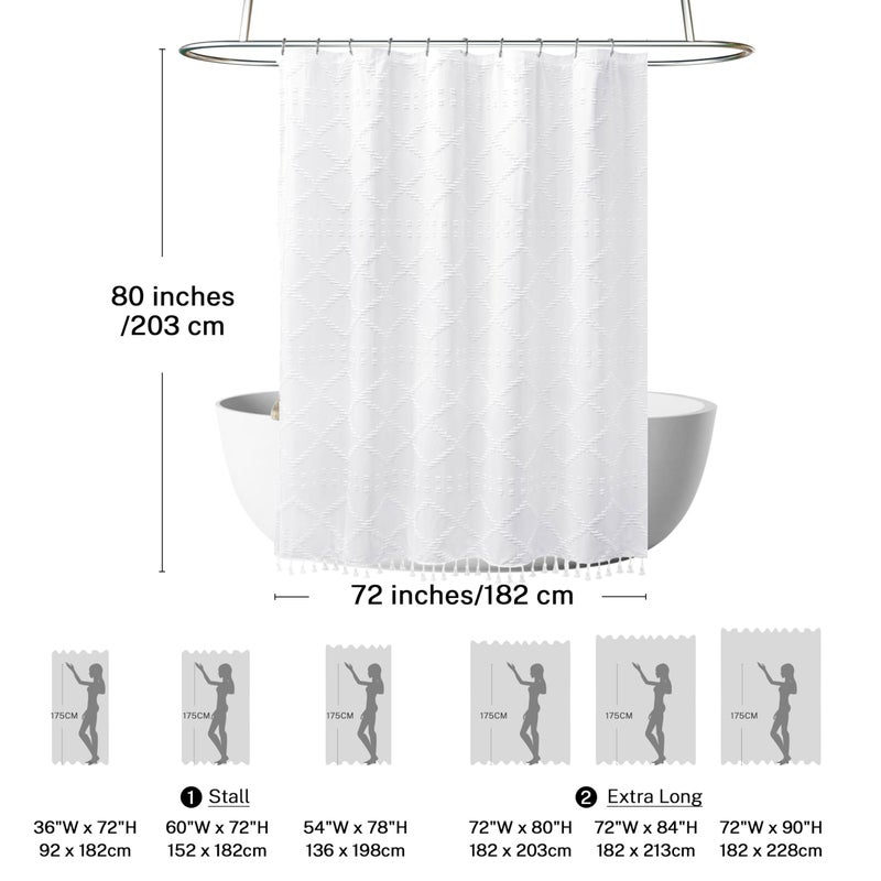 Siiluminisoy Extra Long White Textured Woven Fabric Boho Shower Curtain with Tassels 72 x 80 Modern Farmhouse Minimalist  Tufted Chevron Striped Shabby Chic  Water Resistant Cloth Curtain for Bathroom  Hotel Decor - Image 4