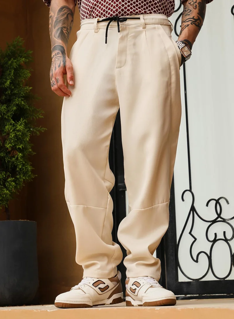 Campus Sutra Campus Sutra Men's Cream White Twill-Panelled Chino Trousers | Mid-Rise , Straight Hem , Button Closure , Relaxed-Fit | Solid Twill | Polyester Trouser For Casual Wear