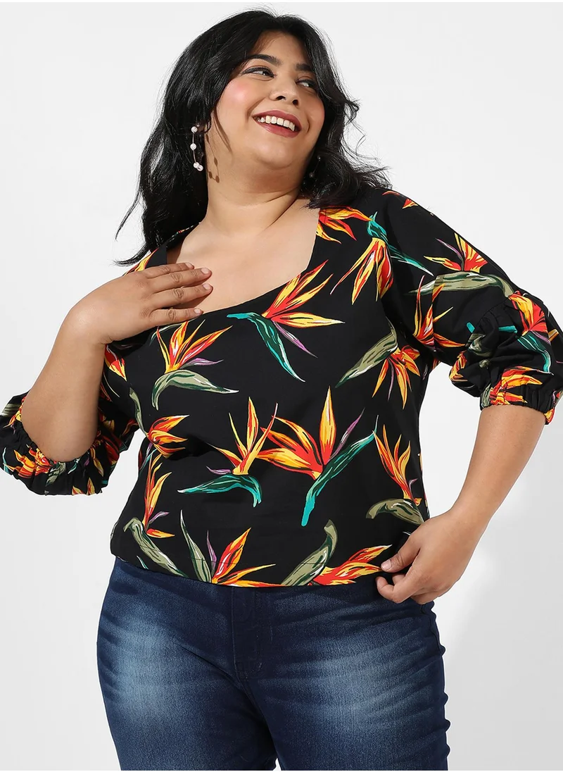 Instafab Plus Women's Black Botanical Print Top