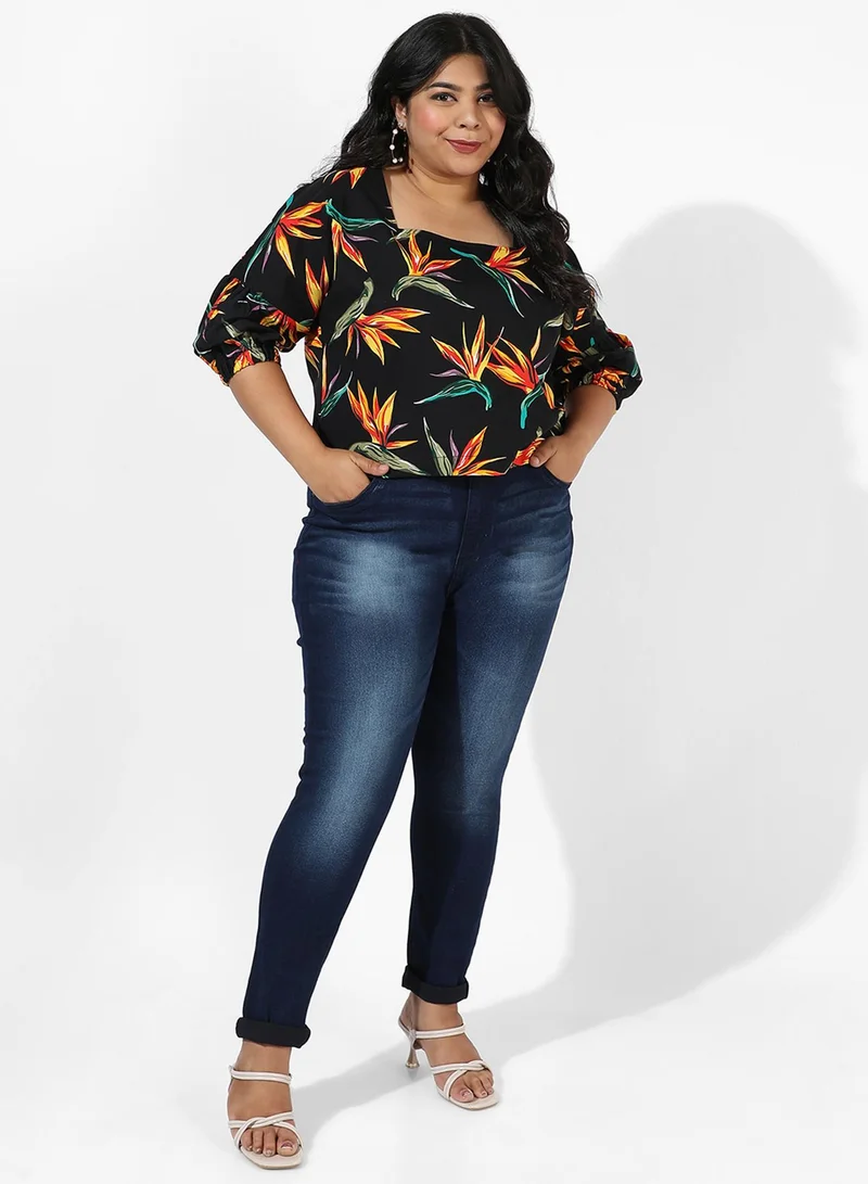 Instafab Plus Women's Black Botanical Print Top